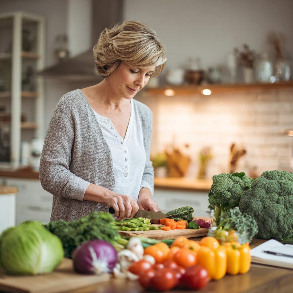 50 years old woman preparing healthy meal with fresh vegetables and planning nutrition