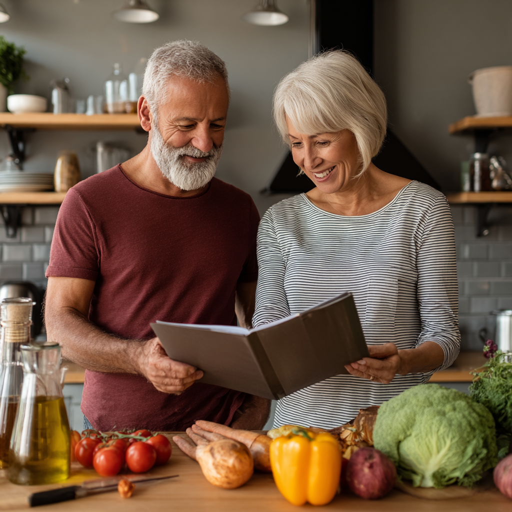 51 years old adult couple reviewing personalized meal plan with nutritional consultant