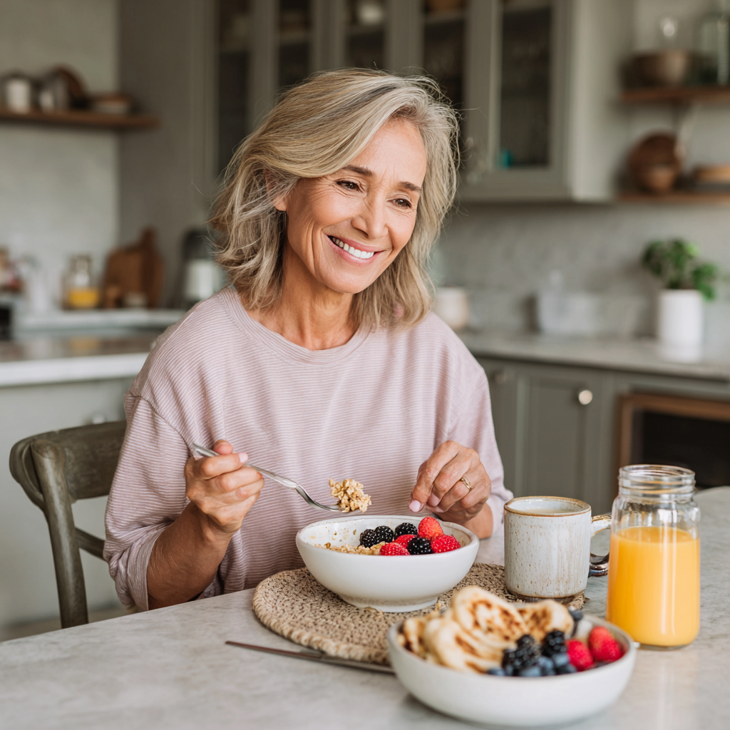 52 years old woman enjoying healthy breakfast and tracking progress with prelvodar nutrition plan